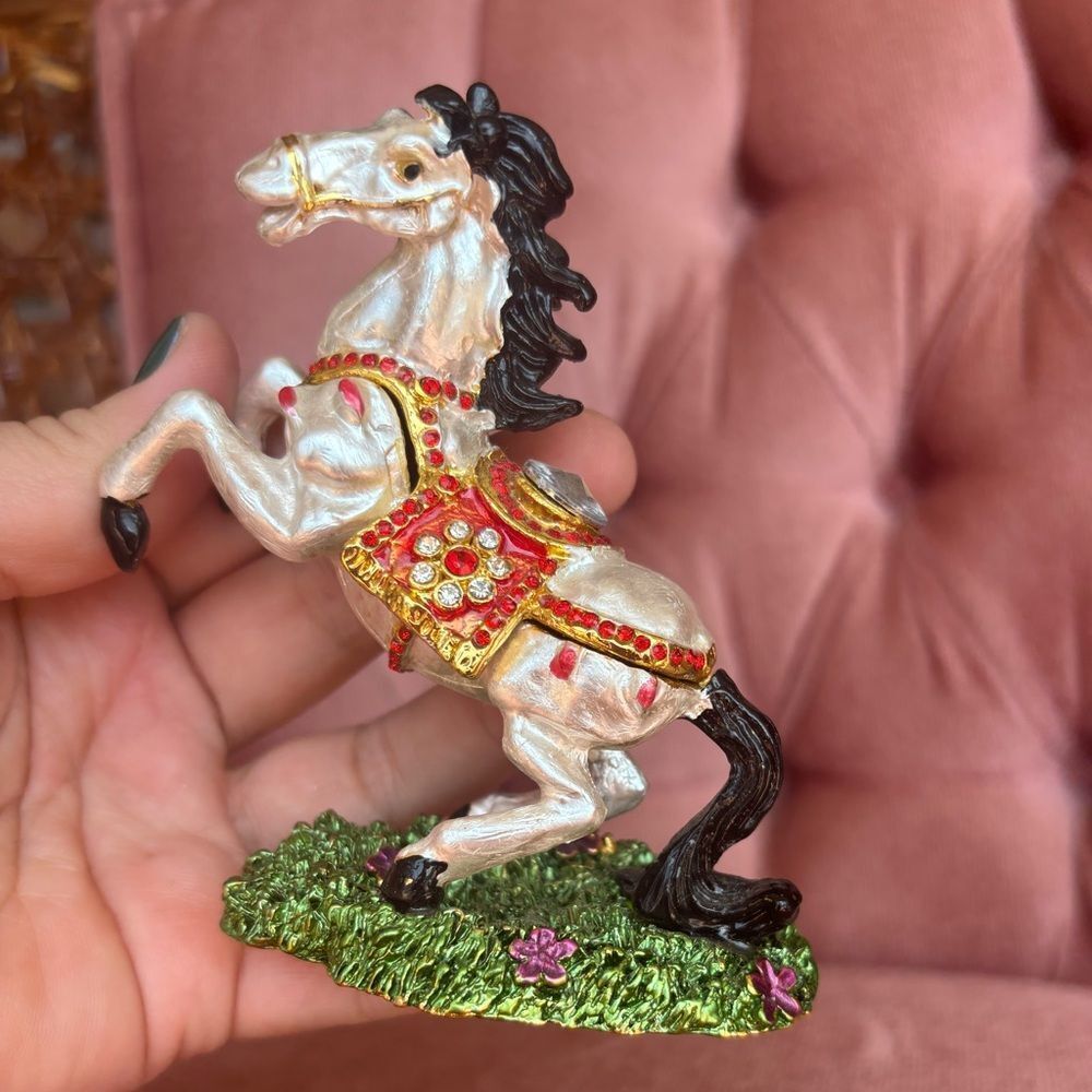 🐎 Jeweled Rearing Horse Trinket Box |Rhinestone Enamel Carousel Style Hinged